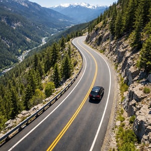 aerial view of a car driving down a mountain highway