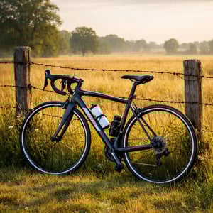 image of a road bicycle leaning up against a fence in a field