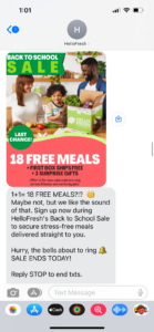 An SMS message from hello Fresh