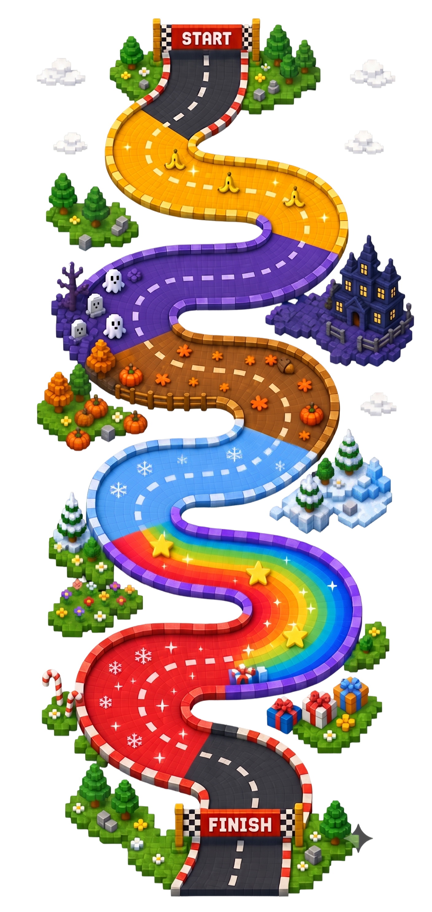 Winding Season 1 racetrack running from Start through eight biomes to Finish
